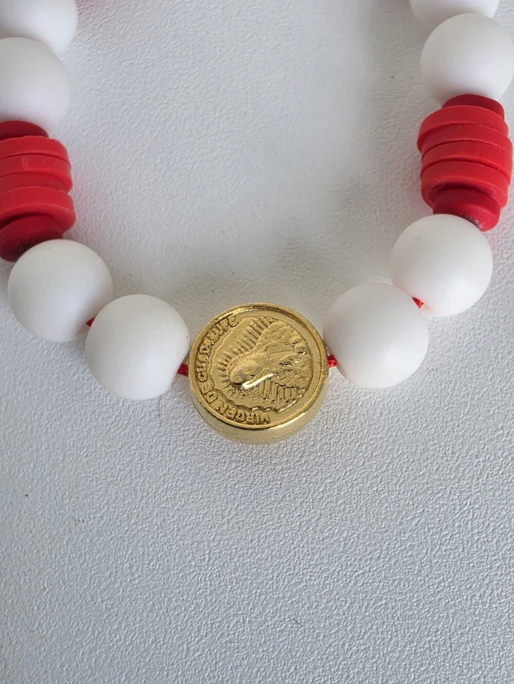 Handmade Virgen de Guadalupe Adjustable Bracelet Red White Catholic Beaded